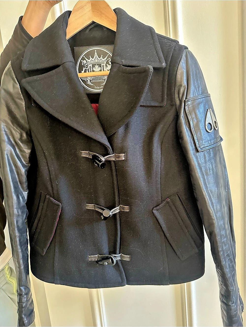 Moose Knuckles Black Leather Sleeve Toggle Jacket